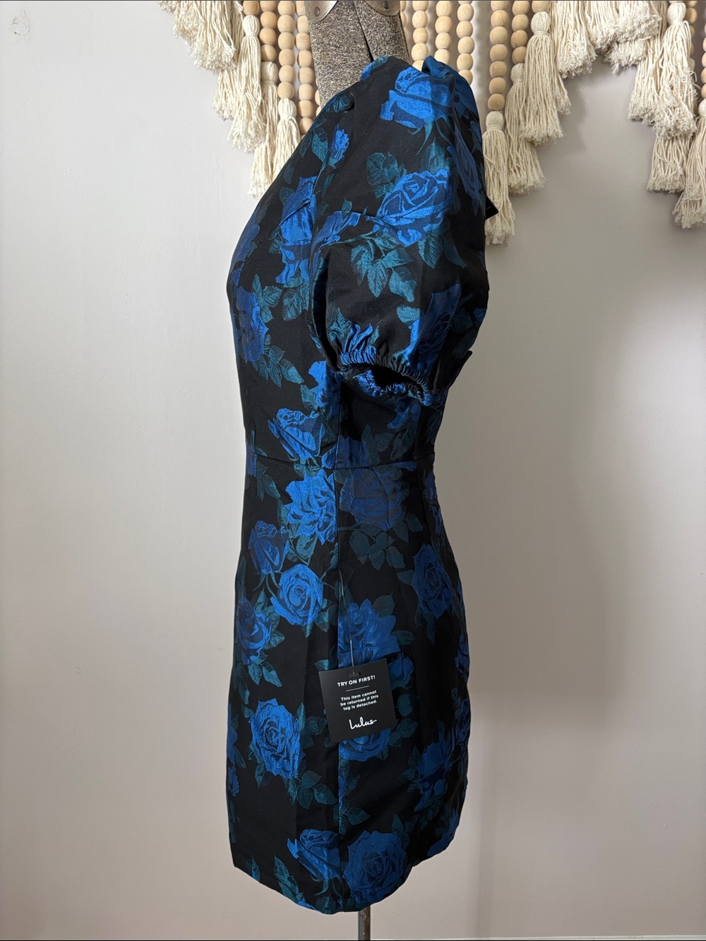 Blue Floral taffeta Puff Sleeve V-Neck Mini Dress - Picture 5 of 10
